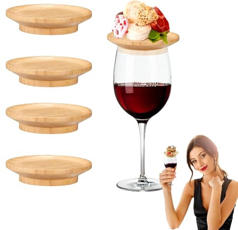 Weinglas Topper,Wine Glass Charcuterie Topper Bamboo,Wine Glasses Topper Appetizer Plates Set 4,Board Topper Holz Rund,Hölzerner Weinglas Aufsatz Untersetzer für Vorspeisenteller,Desserts,Partys