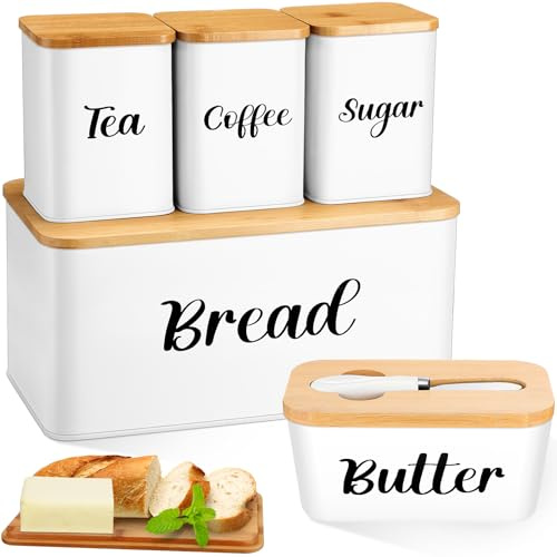 5Pcs Metal Bread Box & Butter Dish & 3 Canisters for Kitchen Counter, White | Ceramic Butter Dish with Lid and Knife, White Farmhouse Bread Box, Airtight Canister Set for Kitchen Counter