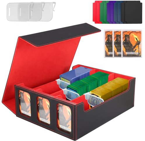 QCXWCJWD Card Deck Box for MTG Commander, 1800+ Trading Card Storage Box for Magic The Gathering, Trading Card Dividers with Viewing Windows for Magic/MTG Cards (Black Red)
