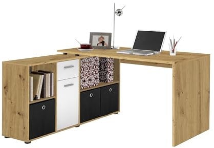 möbelando Schreibtisch >LEXO/LEX< in Artisan Eiche Dekor-weiß - 135,7x74,2x135,7cm (BxHxT)