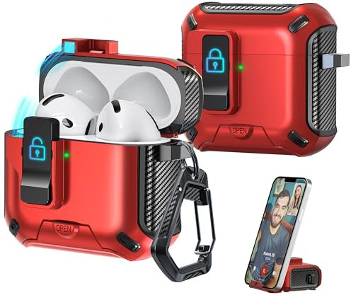 R-fun Compatible con Fundas para Auriculares AirPods 4ta generación 2024, Diseño de Cubierta Protectora de expulsión automática Totalmente a Prueba de caídas,Negro+Rojo
