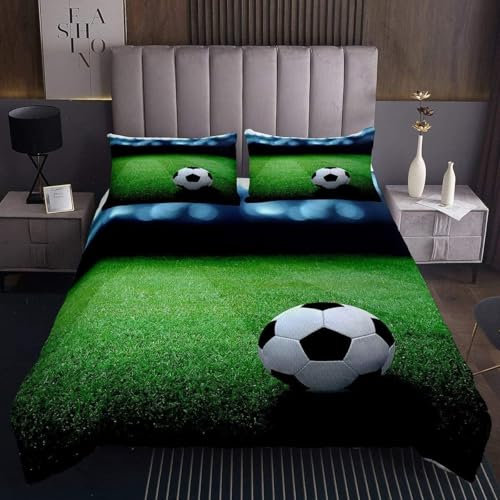 Bettwäsche 135x200 Fußball, Weich Mikrofaser 3D Druck Sport Bettwäsche Sets Junge Bettbezug + 2 Kissenbezug 80x80 cm mit Reißveschluss, d2449
