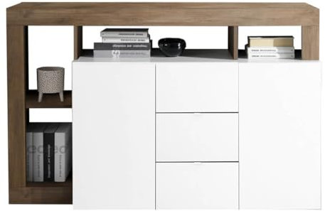 AltoBuy Arturo - Buffet 2 Portes 3 Tiroirs Blanc Laqué Encadrement Niches Aspect Chêne Mercure