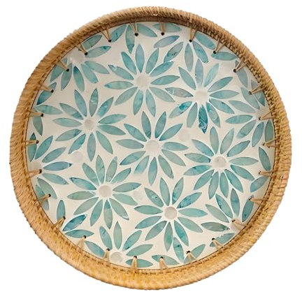Bandeja Redonda de Ratán, Bandeja Tejida de Ratán, Bandeja de Servir Moderna y Bohemia, Platos Decorativos Tejidos a Mano para Mesa de Comedor (flor verde)