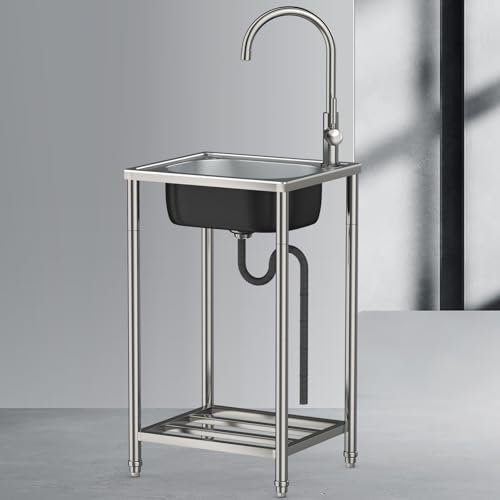 Fregadero Exterior Lavadero Pila Exterior Jardin Fregadero De Acero Inoxidable Independiente con Grifo Y Estantes De Almacenamiento Fácil De Montar Lavabo Portatil para Jardín Lavadero