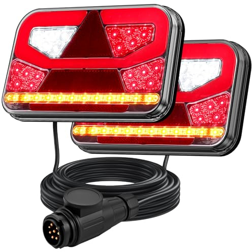 Justech Anhänger Rückleuchten 12V Universal Rückleuchten Set Anhänger Komplett Rücklicht 13 Polig Stecker Anhängerbeleuchtung mit 5m Kabel Rückfahrlicht mit E9 für Wohnwagen KFZ PKW