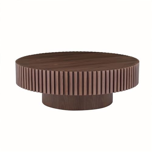 NJLyuhome Round Coffee Table with Grooved Edge, Solid Wood, 3 Colors (Walnut, Black, Natural) for Modern Living Room