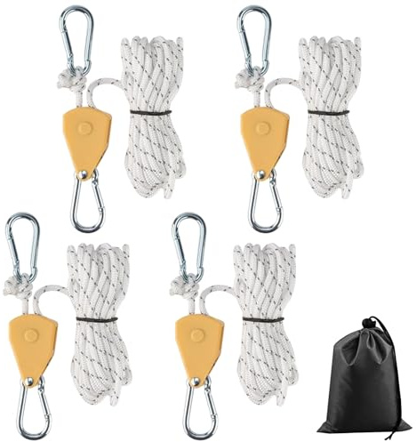 4 Stück Seilratsche mit Haken, Reflektierend Abspannseile, Seil Ratsche Kleiderbügel Aufhänger,Ø4mm Seil Ratsche mit Haken Rope Seilratsche für Zelten Ventilatoren Pflanzenleuchten 150lb 3.12ft/4M-W
