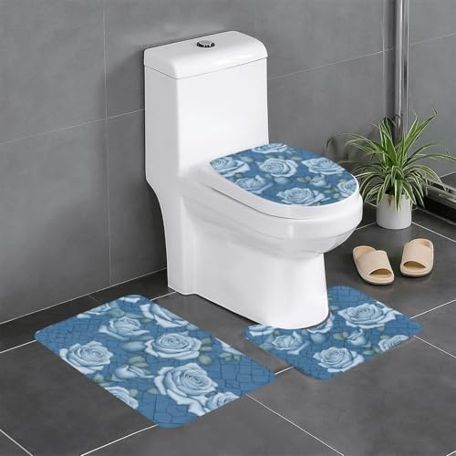 LPLSNWS Belles roses sur fond bleu imprimé tapis de salle de bain antidérapants (ensemble de 3 pièces), adapté pour la salle de bain, la cuisine, la chambre à coucher, etc.