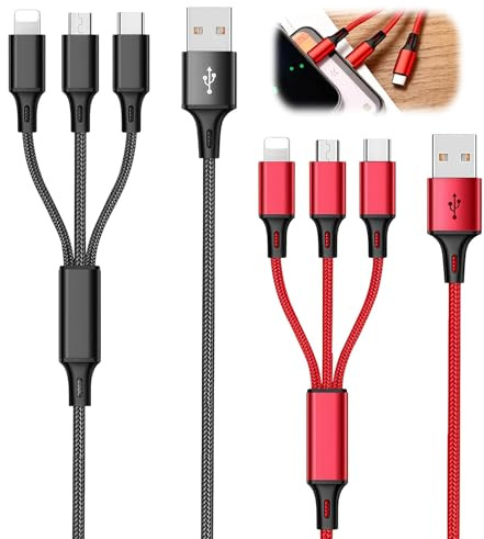 2 Pack 3 in 1 Fast Charging Cable USB to Type C Micro USB iOS Connector | 4FT Nylon Braided Multi Charger Cord Lead Tangle Resistant Reinforced Connectors for Phones Multiple Devices Red & Black