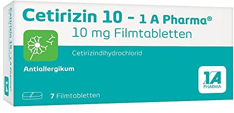 Cetirizin 10-1 A Pharma® | 7 Filmtabletten | Bei allergischem Schnupfen | Wirkt stark vor allem bei Juckreiz der Haut, wirkt in 30-60 min, für Erwachsene, Jugendliche & Kinder ab 6 Jahren