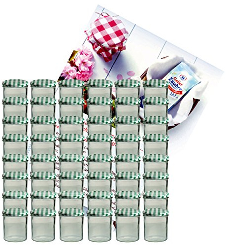 MamboCat 48er Set Sturzglas 350 ml Marmeladenglas Einmachglas Einweckglas to 82 grün Karierter Deckel incl. Diamant-Zucker Gelierzauber Rezeptheft