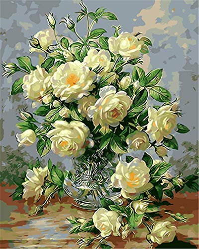 YEESAM ART Neuheiten Malen nach Zahlen Erwachsene Kinder, Weiß Rosen, Grün Blatt & Blumen, Glas Vase 40x50 cm Leinen Segeltuch, DIY ölgemälde Weihnachten Geschenke
