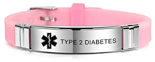 MOWOM Medical SOS Notfall Armband Personalisiertes Gravur Silikon Edelstahl Namensarmband Männer Damen Jungen Mädchen - Bündel mit Notfallkarte, Kartenhülle (Rosa Type 2 Diabetes)