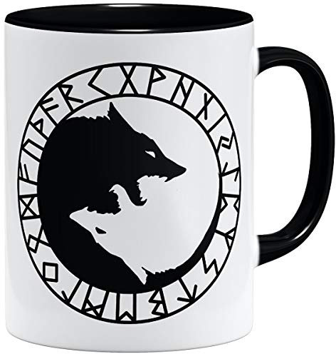 OM3® Runen-Yin-Yang-Wölfe Kaffee-Tasse | Keramik Becher | 11oz 325ml | Vikings Wolves Wikinger Symbol Logo Nordic Warrior | Schwarz