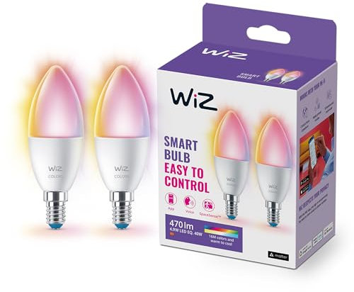 WiZ Tunable White & Color 2er-Pack LED Lampe, E14, 40 W, dimmbar, warm- bis kaltweiß, 16 Mio. Farben, smarte Steuerung per App/Stimme über WLAN, Doppelpack