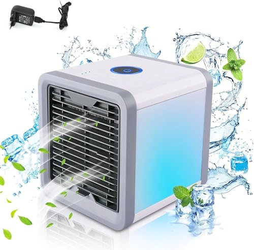 FISHTEC Mini USB Climatizador Portátil - Ventilador USB con depósito de agua - LED de 7 colores, ambientador - Acondicionador de aire móvil - Deshumidificador de aire - Sin evacuación