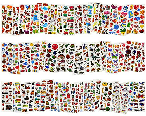 3D Aufkleber für Kinder, 1400+ Geschwollen Stickers Set für Jungen Mädchen Mitgebsel Kindergeburtstag Gastgeschenke, Buchstab, Tier, Obst, Schmetterling, Einhorn, Blume, Autos, Dinosaurier und mehr