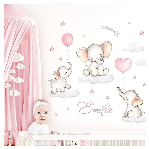 Little Deco Wandtattoo Elefanten & Wunschname I Wandbild 133 x 80 cm (BxH) I Kinderzimmer Babyzimmer Wandaufkleber Mädchenzimmer Sterne Wolken Wandsticker DL710