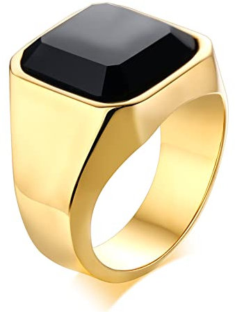 JewelryWe Schmuck Siegelring Herren-Ring Edelstahl Glas Stein Klassiker Viking Ringe Bandring mit Gravur Geschenke für Männer Gold Größe 70