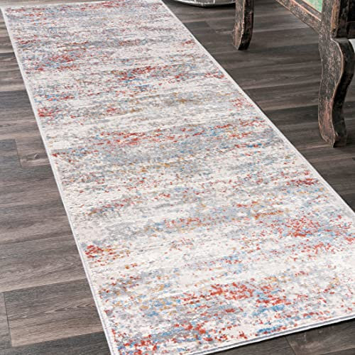 Mazovia Teppich Läufer Flur - Modern Teppichläufer – Kurzflor, Weich - für Vorzimmer Eingangsbereich Schlafzimmer Küche Korridor - Abstrakt Muster - 100 cm Breite Grau Lachsfarben 1 100 x 500 cm