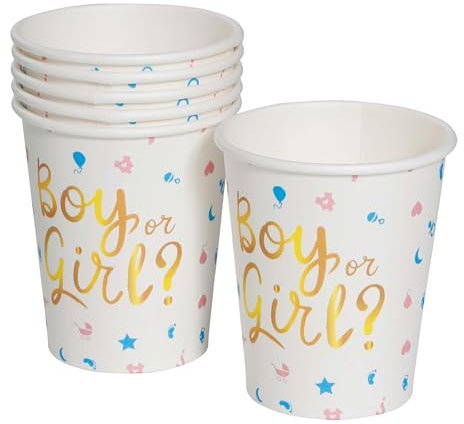 FIESTAS GUIRCA | 6 Gobelets Jetables It's a Boy or It's a Girl (240 ml) (9 cm) - Décoration de Table pour Fêtes de Bébé et Gender Reveal - Idéal pour Baby Shower - Blanc