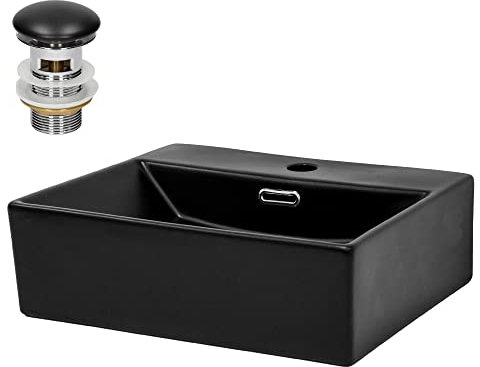 ML-Design Lavabo de Cerámica Negro Mate Rectangular 415x365x130 mm Con Juego De Drenaje Rebosadero Orificio Para Grifo Lavamanos Moderno Sobre Encimera Pila Para Baño Aseo Fregadero Colgante Pared
