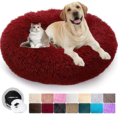 Puppy Love Hundebett, Katzenbett, ausziehbar, Hundekissen, beruhigend, waschbar, bequemes Bett für kleine mittelgroße und große Hunde, weich und flauschig (XL: 80 cm, rot)