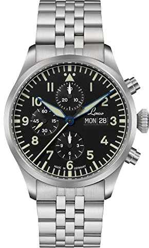 Laco Chronograph Kiel.2 hochwertige Automatikuhr, 43 mm Durchmesser, wasserdicht, Made in Germany (Schwarz Metallband)