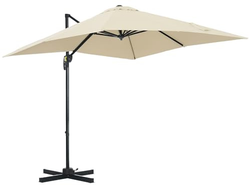 Outsunny 2.5 x 2.5m Patio Offset Parasol Umbrella Cantilever Hanging Aluminium Sun Shade Canopy Shelter 360° Rotation with Crank Handle and Cross Base, Cream White