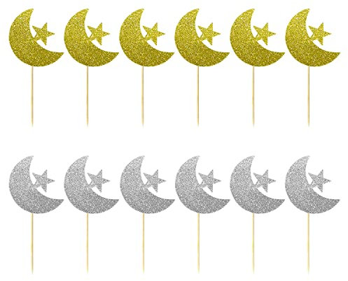 Eid Mubarak Moon Star Cupcake Toppers, 12PCS Glitter Gold Silver Ramadan Kareem Party Supplies Islamic Muslim Party Decorations Eid Ramadan Cake Decorations Supplies A7XYDGCQ