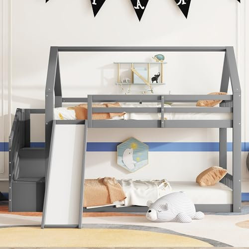 90x200cm Etagenbett mit Stauraumtreppe und Rutsche, Hausbett, Kinderbett mit Geländer, geeignet für Kinder, Jugendliche (Grau)