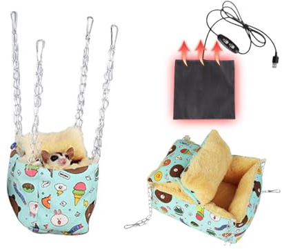 MANON ROSA Hamster Hideout Winter Bed - Cozy Pet Cage Accessory Heating Pad & Hanging Hammock Small Animals Syrian Sugar Gliders Chinchillas Squirrels Guinea Pigs Rats Rectangular Blue M