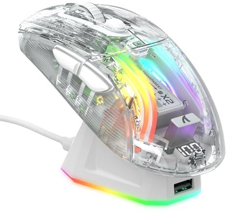 ATTACK SHARK X2 Pro Mouse Gaming Wireless con Station di Carica, Guscio Trasparente, Mouse Bluetooth RGB Ricaricabile Silenzioso a Tre modalità(BT5.0/2.4G/Tipo C) PixArt 3212, 4000 DPI, PC/MAC, Bianco