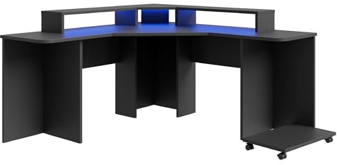 Flair Furnishings - Large Gaming Desk with LED Lights, Sleek Black Corner Desk with Monitor Stand, Sturdy and Long Lasting, Includes PC Trolley with Wheels, 160cm Long, 160cm Wide (Recoil)