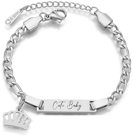 JewelryWe Personalisiert Armband Kinder Figarokette: Silber Edelstahl Hochglanz Poliert Krone Figaro Kette Kinderarmband Babyarmband Armkette mit Gravur für Junge Mädchen Baby