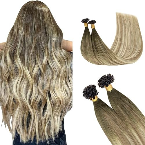 GOO GOO U Tip Hair Extensions Real Human Hair,Balayage Walnut Brown to Ash Brown and Bleach Blonde 50g 14inch 50 Strands Hot Fusion Keratin Hair Extensions, Straight