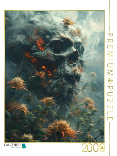 Puzzle · Feuer des Lebens: Totenkopf im Rauch der Cannabisblüten | Ein KI-Kunstwerk, das die Lebendigkeit des Hanfs im Flammentanz des… · 2000 Teile · Lege-Größe 90 × 67 cm · CALVENDO Puzzle