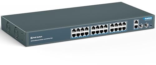 YuanLey 24 Port PoE Switch avec 2 Gigabit Ethernet Uplink 2 Port SFP, 400W PoE+ Port 802.3af/at, Non Géré Commutateur Réseau avec AI Watchdog, VLAN, Extension 250m, Montage en Rack Plug and Play