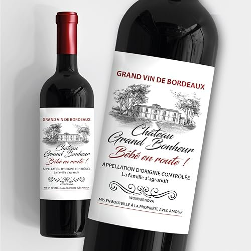 WonderNova 4 Etiquettes autocollantes bouteille de vin - Annonce de grossesse Bébé en route | Grand-parents - Papy - Mamie - Tonton - Tata - Parrain - Marraine - Famille | Annonce naissance originale