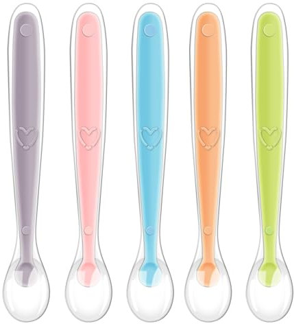 Vicloon Cuillere Bebe Silicone, 5PCS Ensemble de Cuillères pour Tout-petits, Cuillère Ronde en Silicone pour Encourager Votre Bébé à Manger de Manière Indépendante, Sans BPA