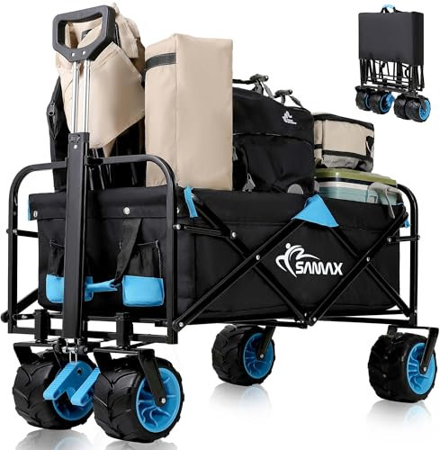 SAMAX Bollerwagen Handwagen Gartenwagen Strandwagen bis 200 kg - Klappbar Faltbarer Bollerwagen Transportwagen - Camping Edition Schwarz/Blau