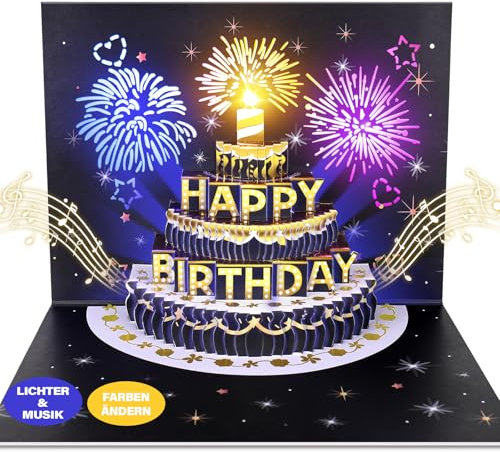 FITMITE Pop-up Geburtstagskarte 3D Geburtstagskarten mit Musik und Licht Happy Birthday Karte Geburtstagsgeschenke für Frauen Männer Freundin(Schwarz-Gold)