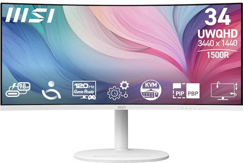 MSI Modern MD342CQPW - Monitor de computadora de 34 Pulgadas VA 3440 x 1440 (UWQHD), 120 Hz, 1800 Curvado, sincronización adaptativa, HDMI, DP, USBC 98 W, KVM, Altura Ajustable, VESA, Altavoz, 1 ms