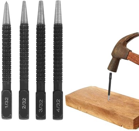 4pcs Nail Punch Centre Set Heavy Duty Nail Punch for Electric Drill Drilling Holes Positioning Device Wood Marking Breaker Puncher High Hardness Steel Punch Head 1/32, 2/32'', 3/32,4/32''