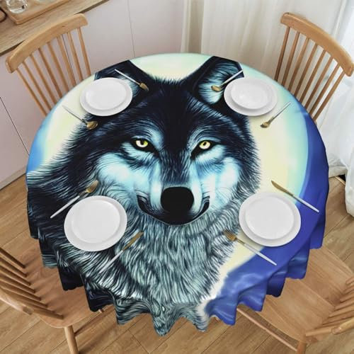 WBQLSL Runde Esstischdecke, Motiv: Wolf unter dem Mond, Party, Versammlungen, Hochzeitsdekoration, Tischdecke, 152,4 cm, schützendes Reinigungstuch