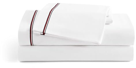 Tommy Hilfiger - Sheet Set, Cotton Percale Bedding with Matching Pillowcases, Crisp & Cool, Premium Quality Home Essentials (Global Stripe Red, Queen)