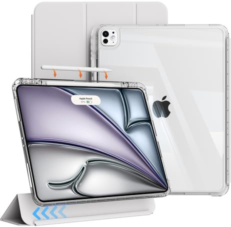 ZKTUYU Funda híbrida para iPad Air de 13 pulgadas 2025 (M3)/2024 (M2) con soporte para bolígrafo, funda protectora magnética extraíble, funda de soporte triple carcasa trasera transparente (gris claro