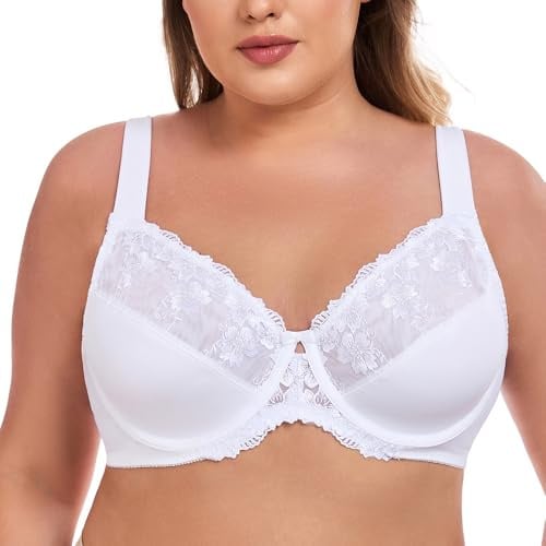 Ayigedu UK Women's Underwire Bra Lace Non Padded Plus Size Full Coverage Minimizer Bras White 34-D