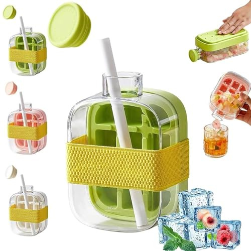 Vaso para Hacer Hielo con Popote, 2 en 1 Sin Contacto Bandeja para Cubitos de Hielo Botella de Agua, Creatividad Portátil Botella para Cubitos de Hielo, para Café Jugo Bebidas(Negro,500ml)